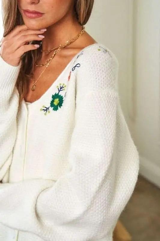 Davi & Dani Flower Embroidered Button Up Long Sleeve Cardigan - Love Salve